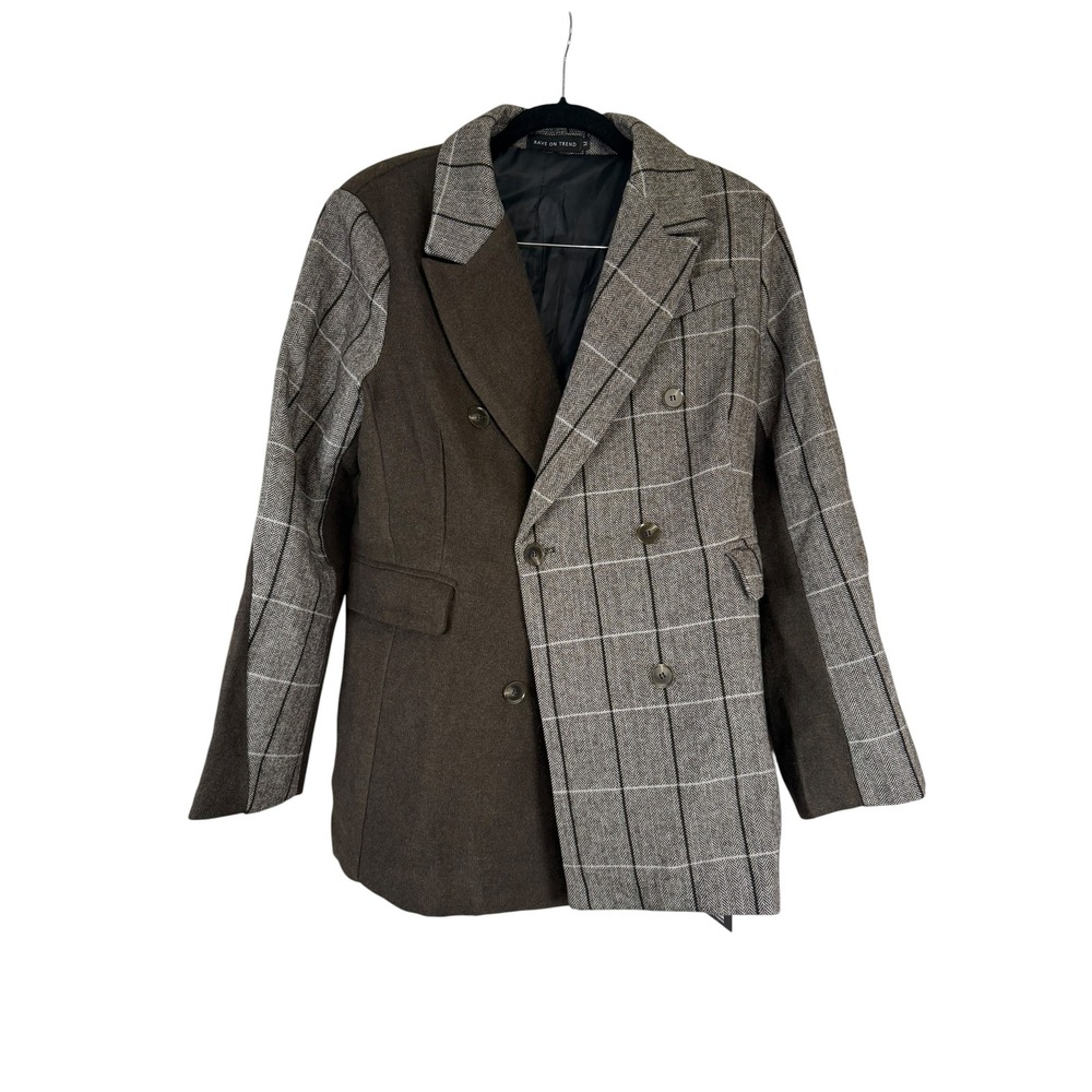 Rave On Trend Mixed Media Plaid Herringbone Double Breasted Blazer Brown Grey M